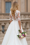 Ivory High Neck A Line Sweep Train Wedding Dress with Lace