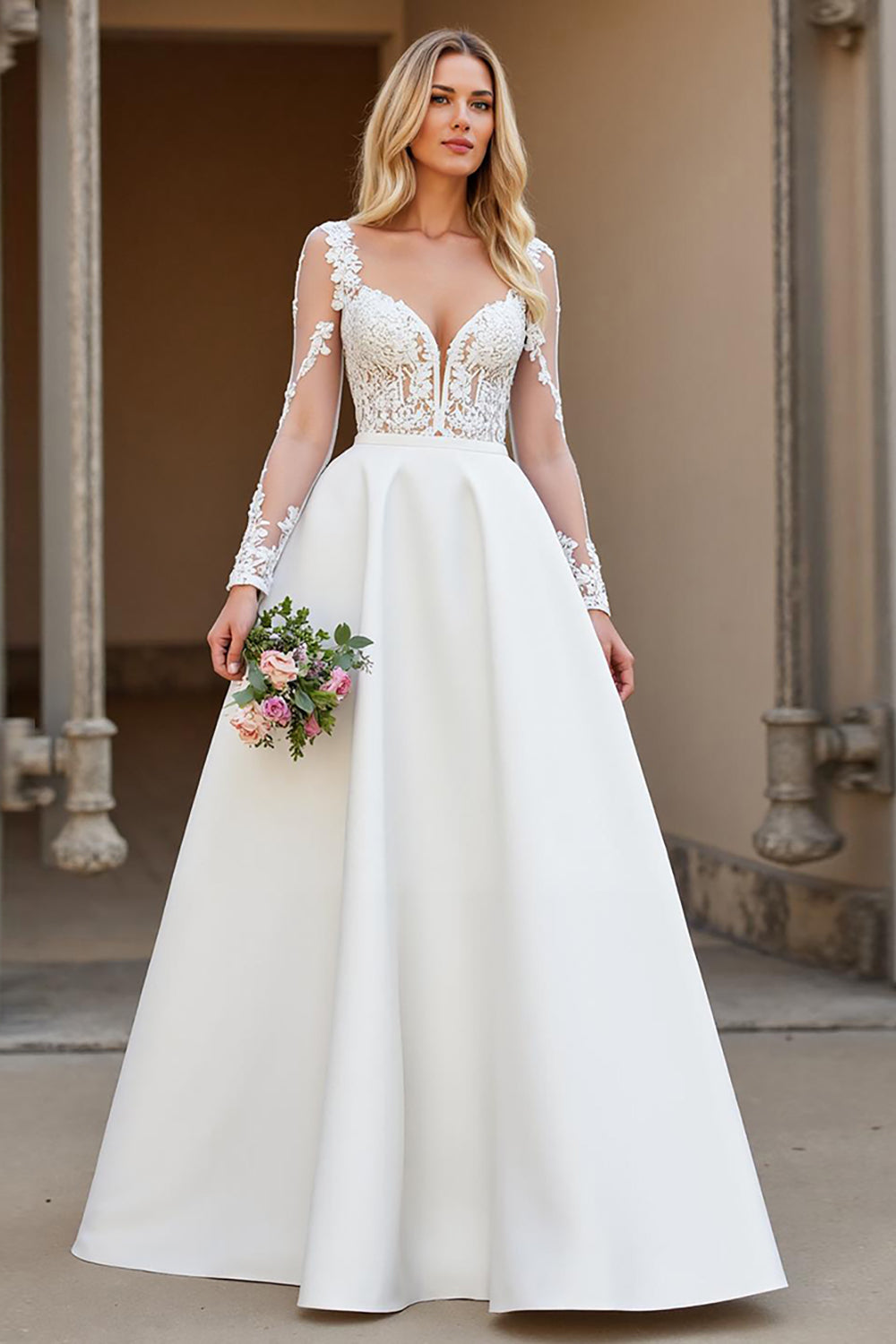 Ivory Satin A Line Backless Sweep Train Wedding Dress with Sleeves