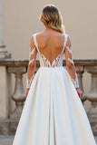Ivory Satin A Line Backless Sweep Train Wedding Dress with Sleeves