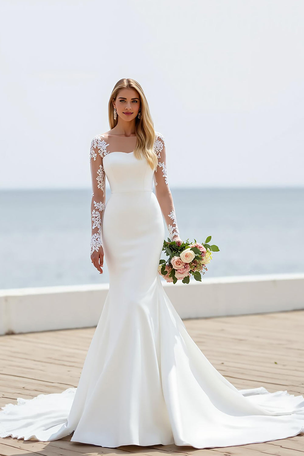 Ivory Illusion Bateau Neck Mermaid Satin Sweep Train Wedding Dress with Lace