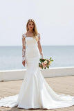 Ivory Illusion Bateau Neck Mermaid Satin Sweep Train Wedding Dress with Lace
