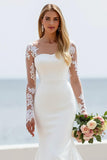 Ivory Illusion Bateau Neck Mermaid Satin Sweep Train Wedding Dress with Lace