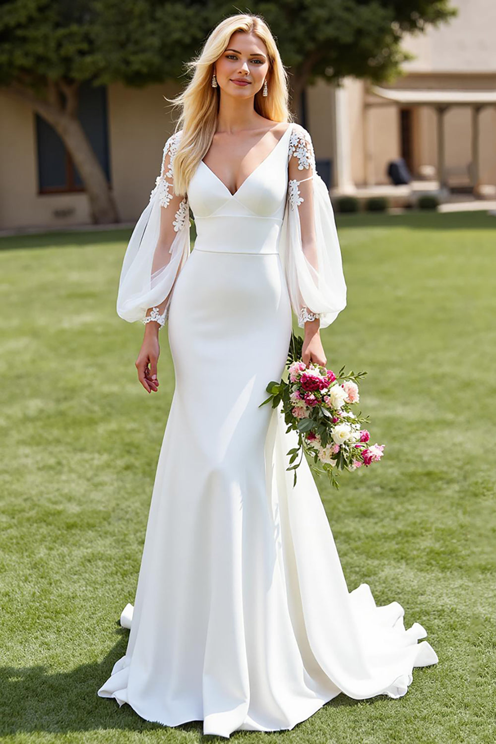 Ivory V-Neck Mermaid Satin Sweep Train Wedding Dress with Lace