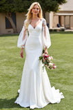 Ivory V-Neck Mermaid Satin Sweep Train Wedding Dress with Lace