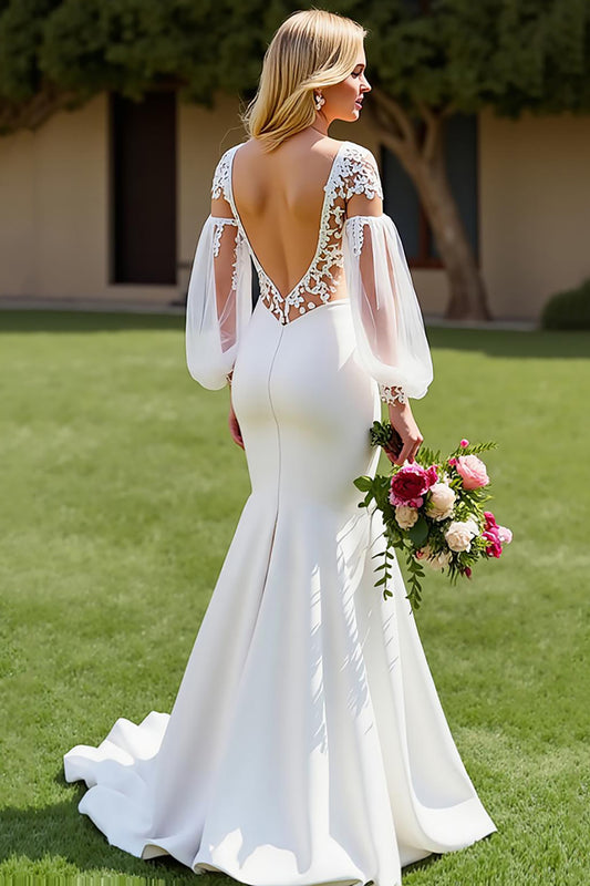 Ivory V-Neck Mermaid Satin Sweep Train Wedding Dress with Lace