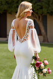 Ivory V-Neck Mermaid Satin Sweep Train Wedding Dress with Lace