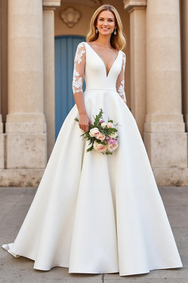 Ivory V-Neck Satin Floor-Length A Line Wedding Dress with Sleeves