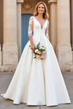 Ivory V-Neck Satin Floor-Length A Line Wedding Dress with Sleeves