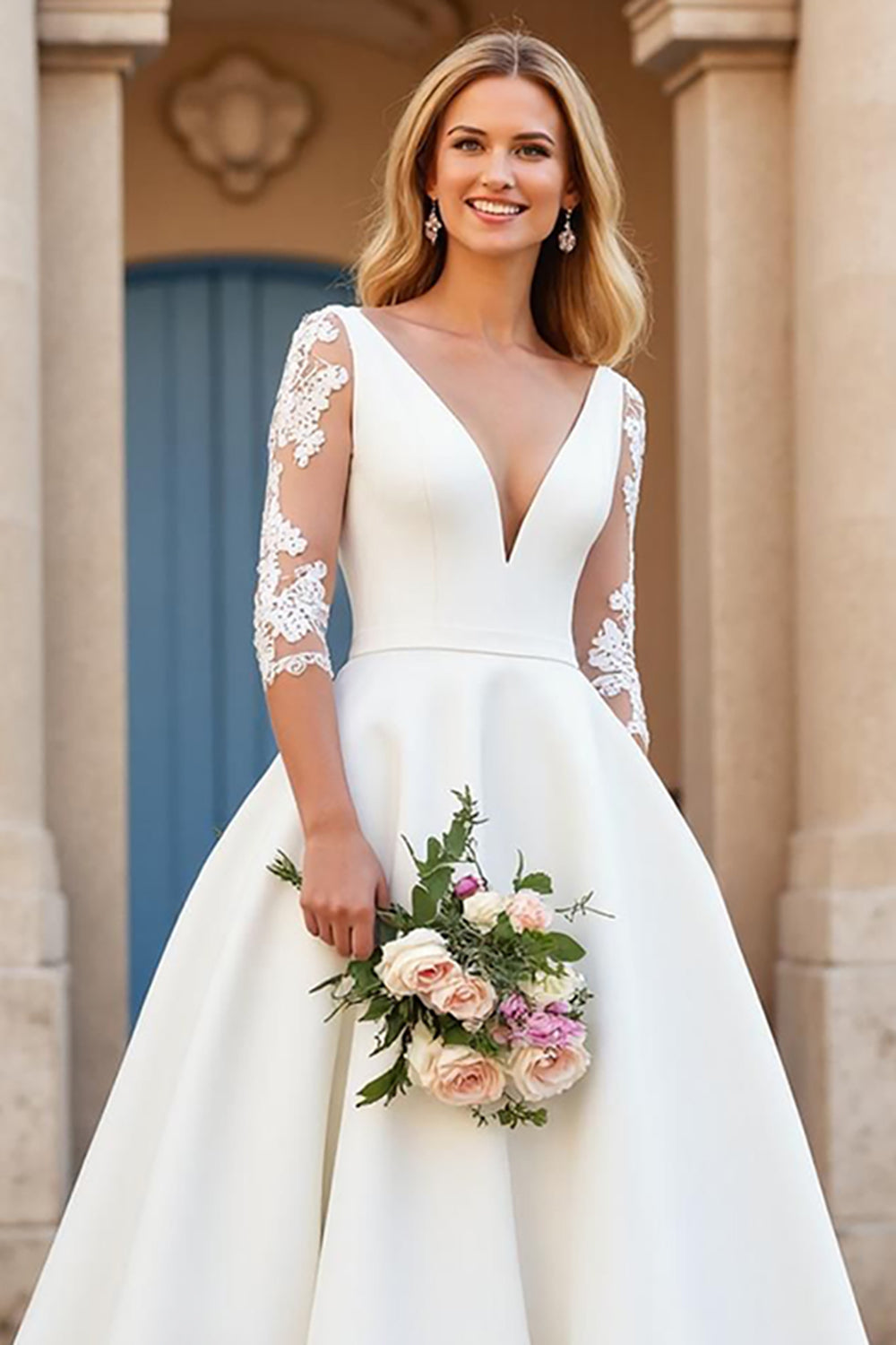 Ivory V-Neck Satin Floor-Length A Line Wedding Dress with Sleeves