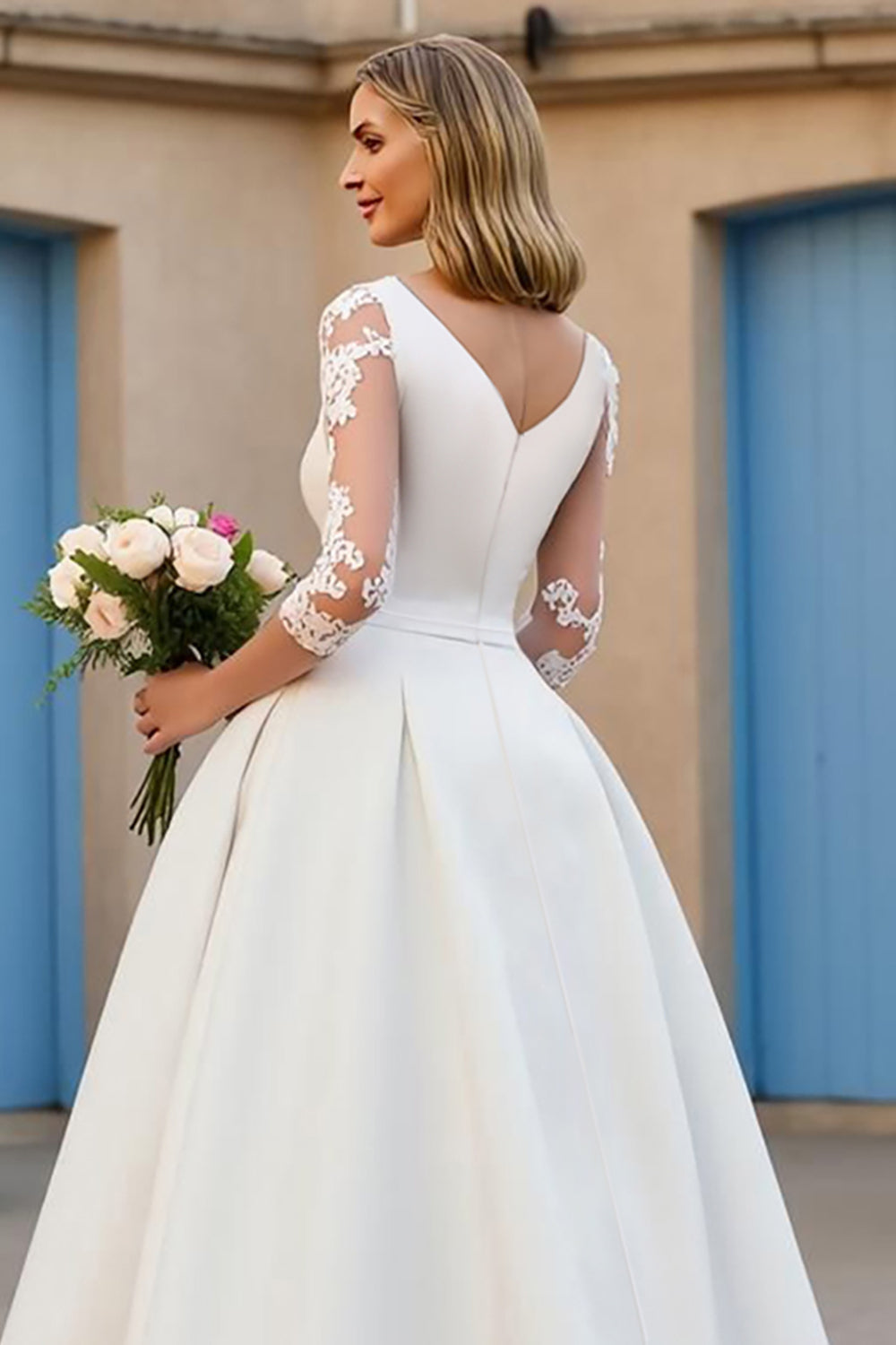 Ivory V-Neck Satin Floor-Length A Line Wedding Dress with Sleeves
