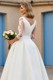 Ivory V-Neck Satin Floor-Length A Line Wedding Dress with Sleeves