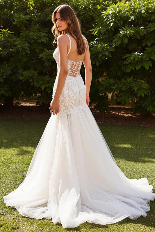 Ivory V-Neck Mermaid Lace Sweep Train Wedding Dress with Slit