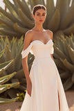 Ivory A Line Off the Shoulder Sweep Train Wedding Dress
