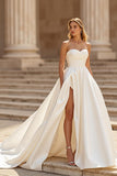 Ivory Strapless A Line Sweep Train Satin Wedding Dress with Slit