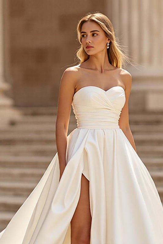 Ivory Strapless A Line Sweep Train Satin Wedding Dress with Slit