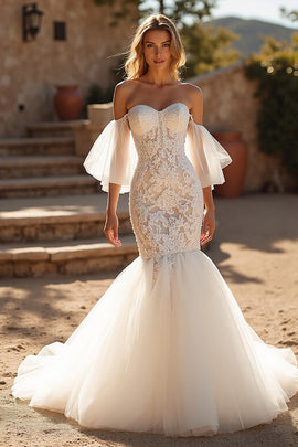 Ivory Lace Mermaid Off the Shoulder Sweep Train Wedding Dress