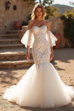 Ivory Lace Mermaid Off the Shoulder Sweep Train Wedding Dress