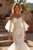 Ivory Lace Mermaid Off the Shoulder Sweep Train Wedding Dress