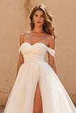 Ivory Off the Shoulder A Line Sweep Train Wedding Dress with Slit