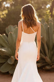 Ivory One Shoulder Mermaid Satin Sweep Train Wedding Dress with Slit