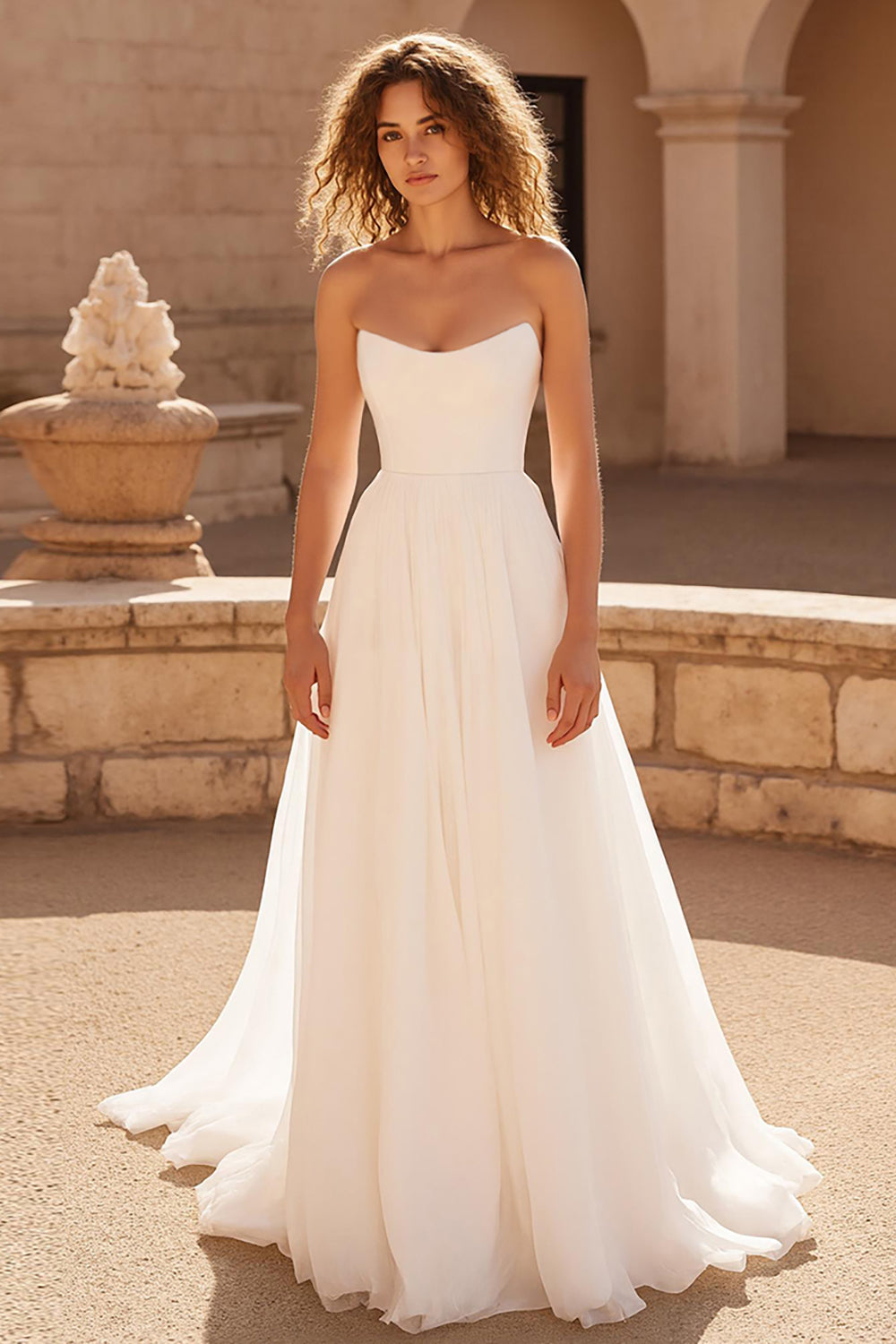 Ivory Strapless A Line Chiffon Sweep Train Wedding Dress