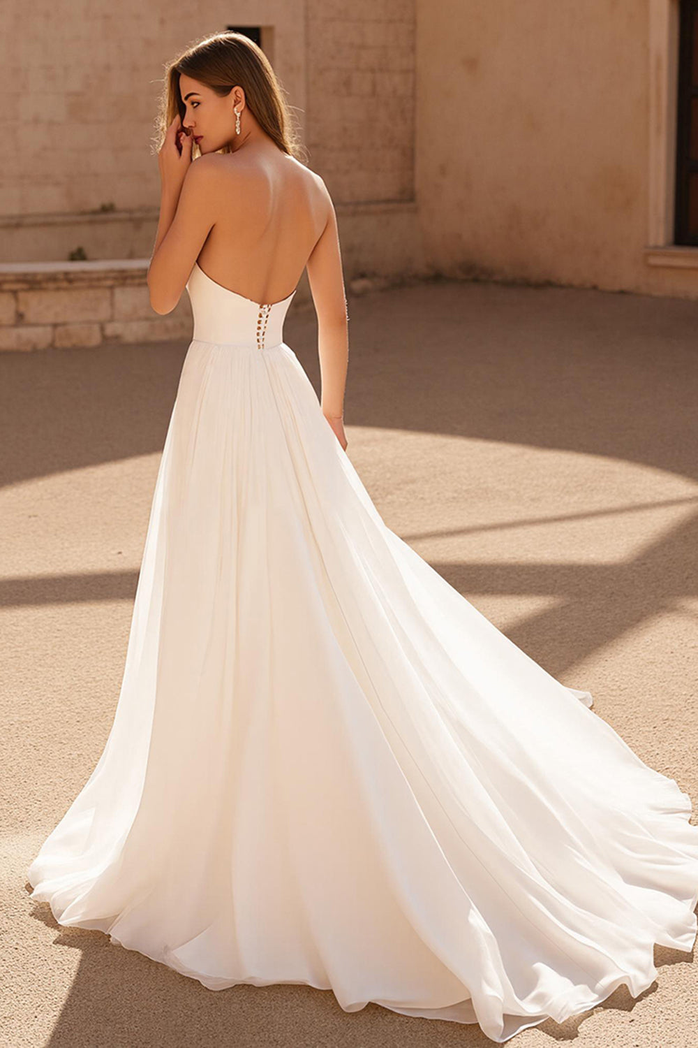 Ivory Strapless A Line Chiffon Sweep Train Wedding Dress