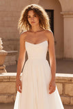 Ivory Strapless A Line Chiffon Sweep Train Wedding Dress
