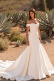 Ivory Off the Shoulder Satin Mermaid Sweep Train Wedding Dress