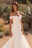 Ivory Off the Shoulder Satin Mermaid Sweep Train Wedding Dress