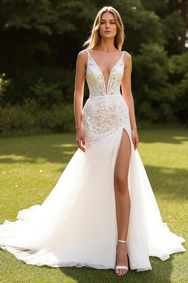 Ivory Lace Deep V-Neck Mermaid Sweep Train Wedding Dress with Slit