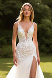 Ivory Lace Deep V-Neck Mermaid Sweep Train Wedding Dress with Slit