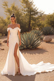 Simple Ivory Off the Shoulder Satin Sweep Train Wedding Dress with Slit