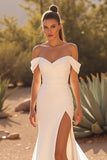 Simple Ivory Off the Shoulder Satin Sweep Train Wedding Dress with Slit