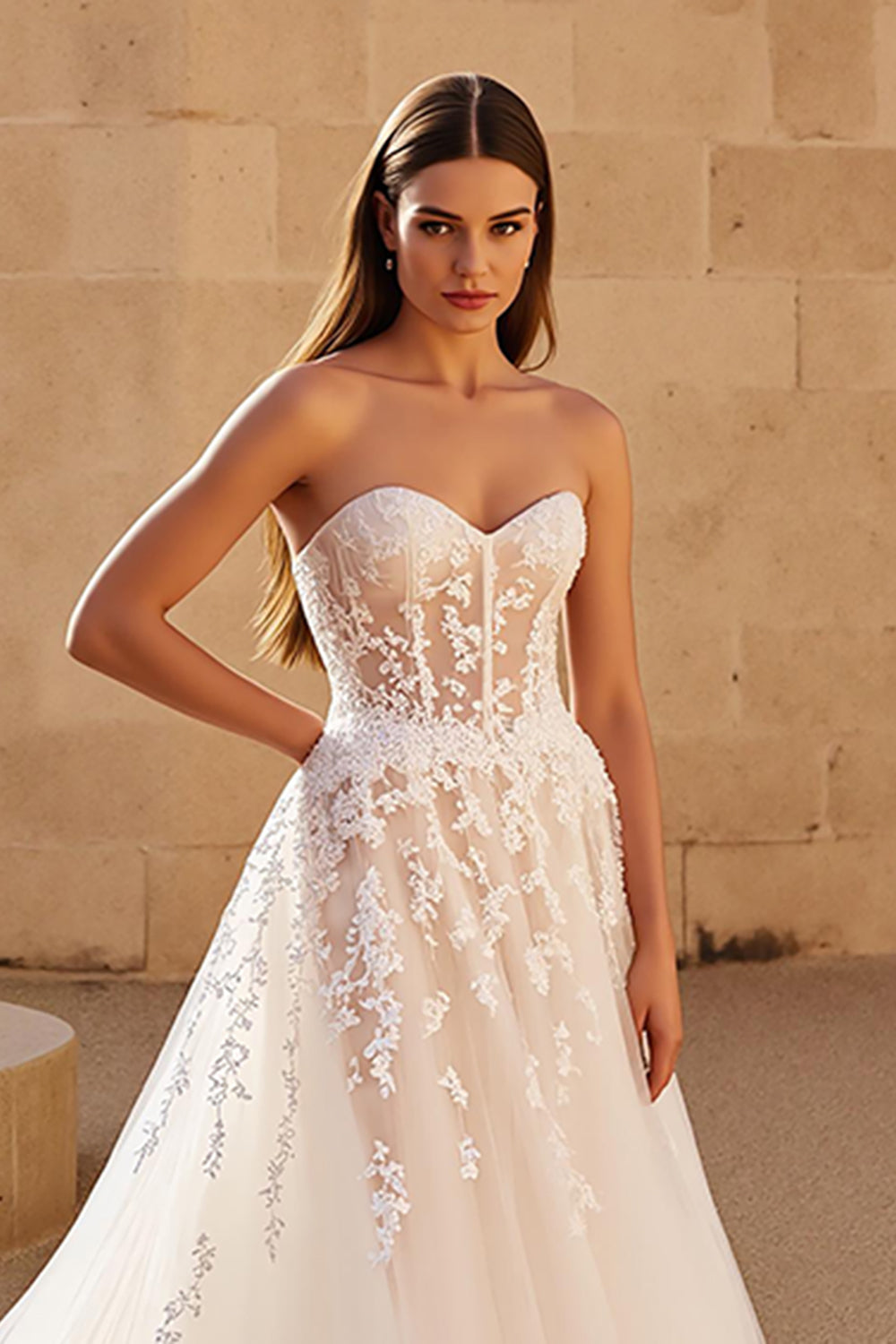 Ivory Sweetheart Corset A Line Sweep Train Wedding Dress with Lace