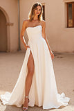 Ivory Satin A Line Strapless Sweep Train Wedding Dress