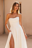Ivory Satin A Line Strapless Sweep Train Wedding Dress