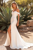 Simple Ivory Cold Shoulder Backless Sweep Train Wedding Dress with Slit