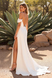 Simple Ivory Cold Shoulder Backless Sweep Train Wedding Dress with Slit