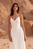 Simple Ivory Spaghetti Straps Satin Sweep Train Wedding Dress