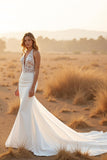 Simple Ivory Deep V-Neck Sweep Train Wedding Dress with Lace