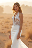 Simple Ivory Deep V-Neck Sweep Train Wedding Dress with Lace