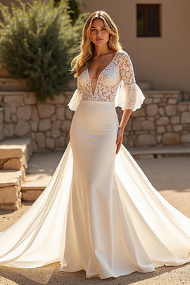 Ivory Deep V-Neck Half Sleeves Sweep Train Wedding Dress with Lace