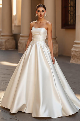 Ivory Satin Ball Gown Strapless Sweep Train Wedding Dress