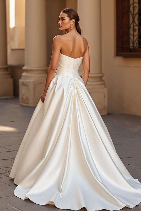 Ivory Satin Ball Gown Strapless Sweep Train Wedding Dress