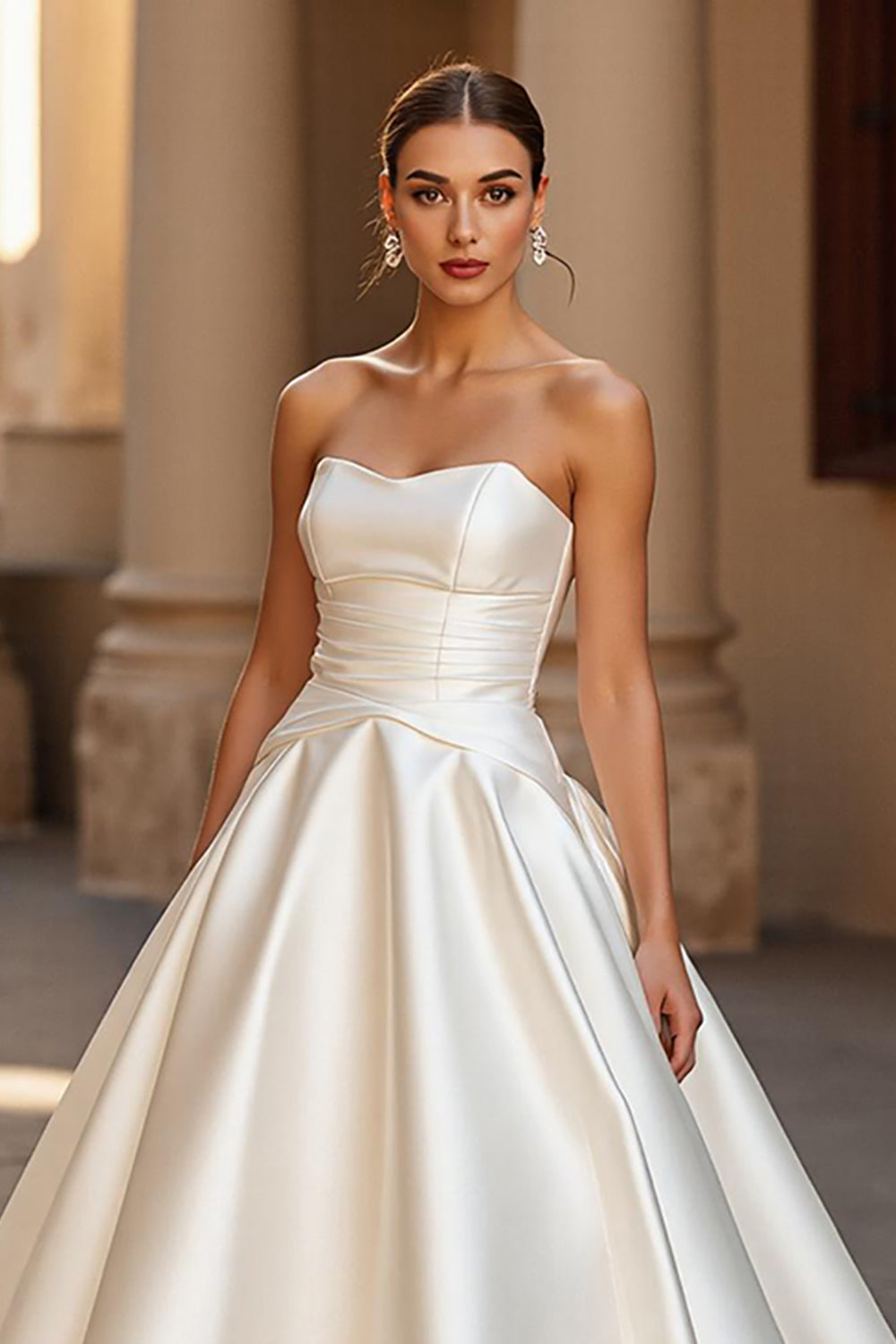Ivory Satin Ball Gown Strapless Sweep Train Wedding Dress