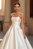Ivory Satin Ball Gown Strapless Sweep Train Wedding Dress