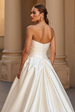 Ivory Satin Ball Gown Strapless Sweep Train Wedding Dress