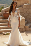 Ivory Mermaid Deep V-Neck Sweep Train Wedding Dress with Lace
