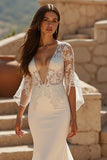 Ivory Mermaid Deep V-Neck Sweep Train Wedding Dress with Lace