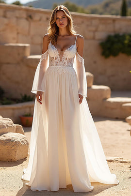 Ivory Cold Shoulder A Line Sweep Train Wedding Dress with Lace